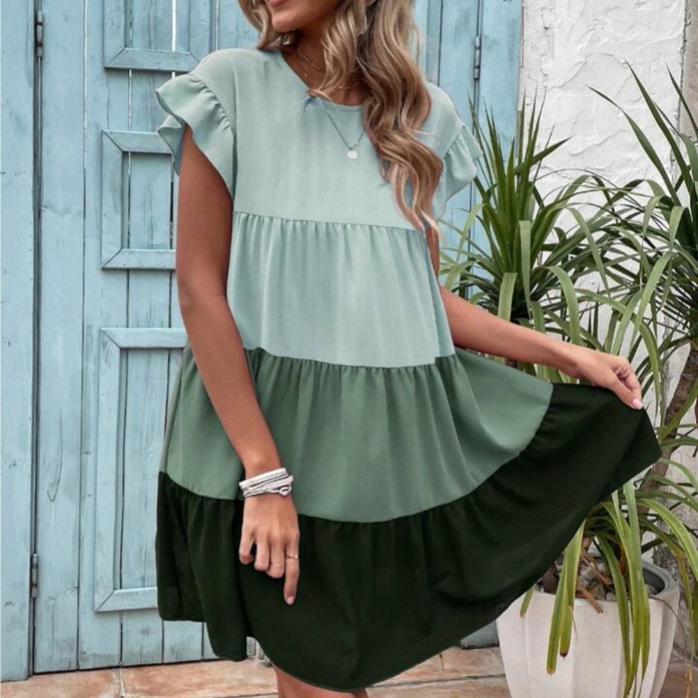 SHEIN Medium Color Block Flounce Sleeve Ruffle Hem Smock Dress